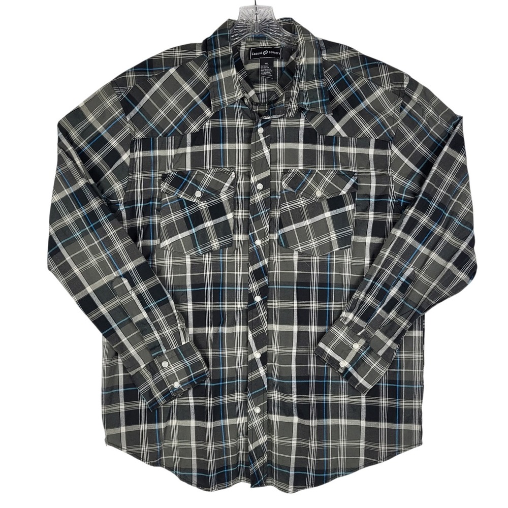 Casual‎ Country Pearl Snap Shirt Mens XXL Black Blue Long Sleeve Western Rodeo